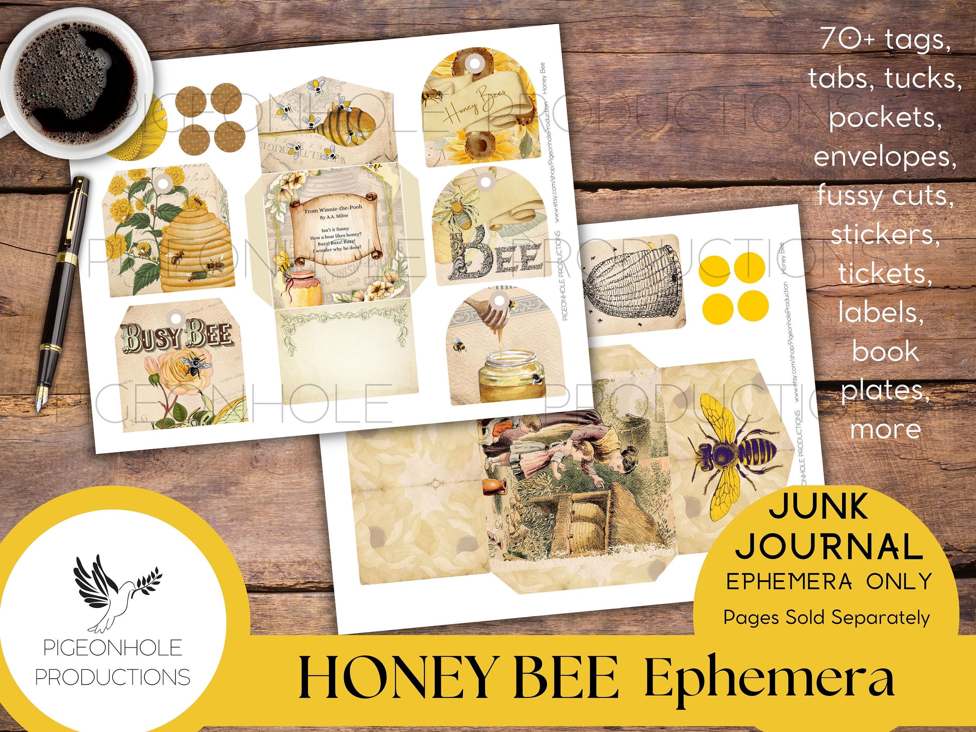 Honey Bee Junk Journal EPHEMERA—PRINTABLE—70+ tags, tucks, pockets, envelopes, fussy cuts, stickers, tickets, labels, bookplates—sweet!