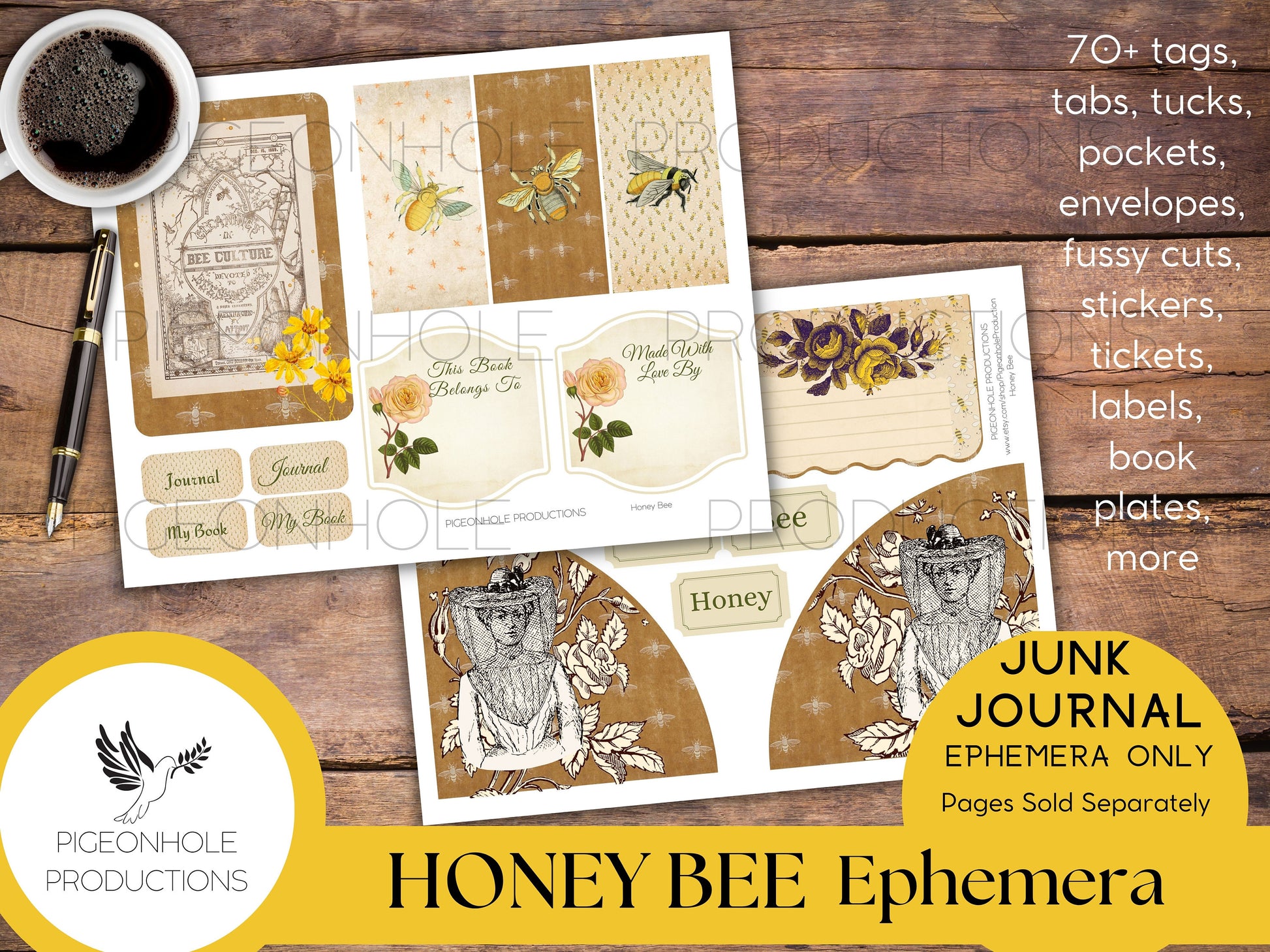 Honey Bee Junk Journal EPHEMERA—PRINTABLE—70+ tags, tucks, pockets, envelopes, fussy cuts, stickers, tickets, labels, bookplates—sweet!