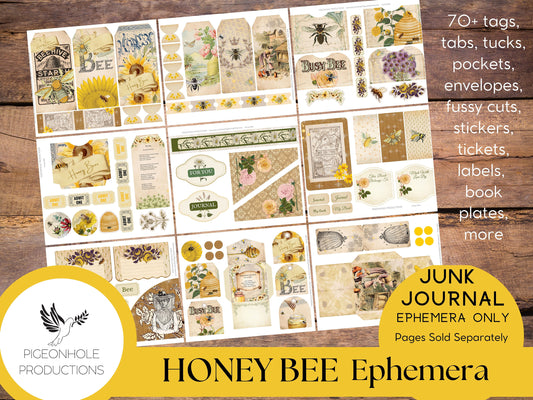 Honey Bee Junk Journal EPHEMERA—PRINTABLE—70+ tags, tucks, pockets, envelopes, fussy cuts, stickers, tickets, labels, bookplates—sweet!