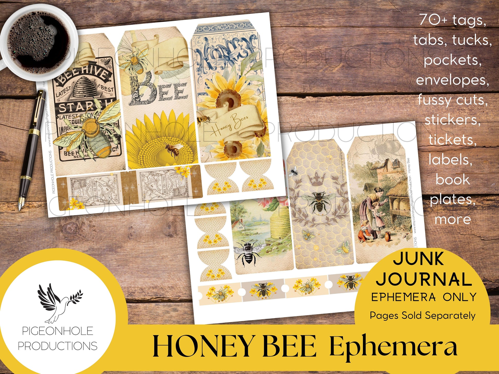 Honey Bee Junk Journal EPHEMERA—PRINTABLE—70+ tags, tucks, pockets, envelopes, fussy cuts, stickers, tickets, labels, bookplates—sweet!