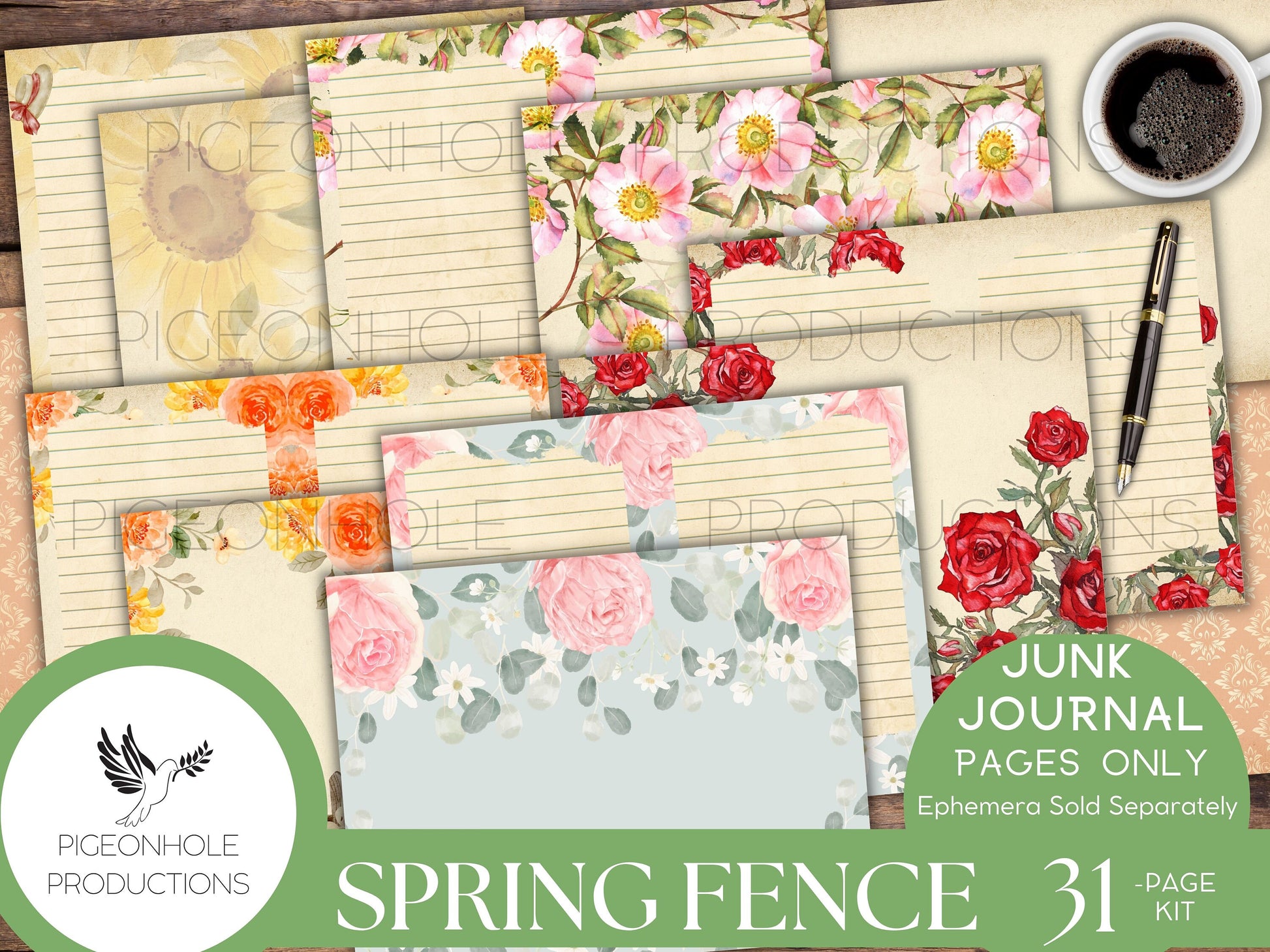 Spring Fence Junk Journal Pages—PRINTABLE—31 decorative/background/backing/lined journal sheets—a springtime stroll through the neighborhood