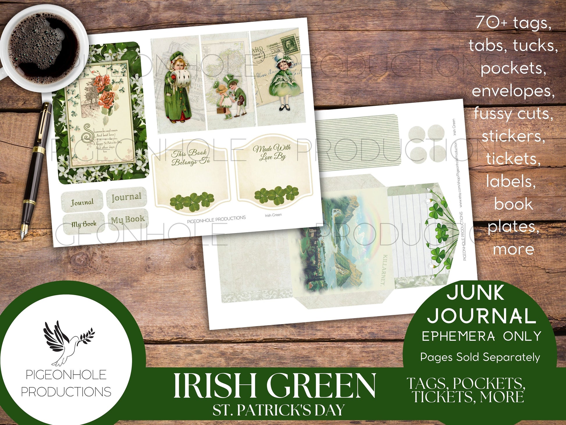 Irish Green St. Patrick's Day Junk Journal EPHEMERA—PRINTABLE—70+ tags, tucks, pockets, envelopes, fussy cuts, stickers, tickets, labels