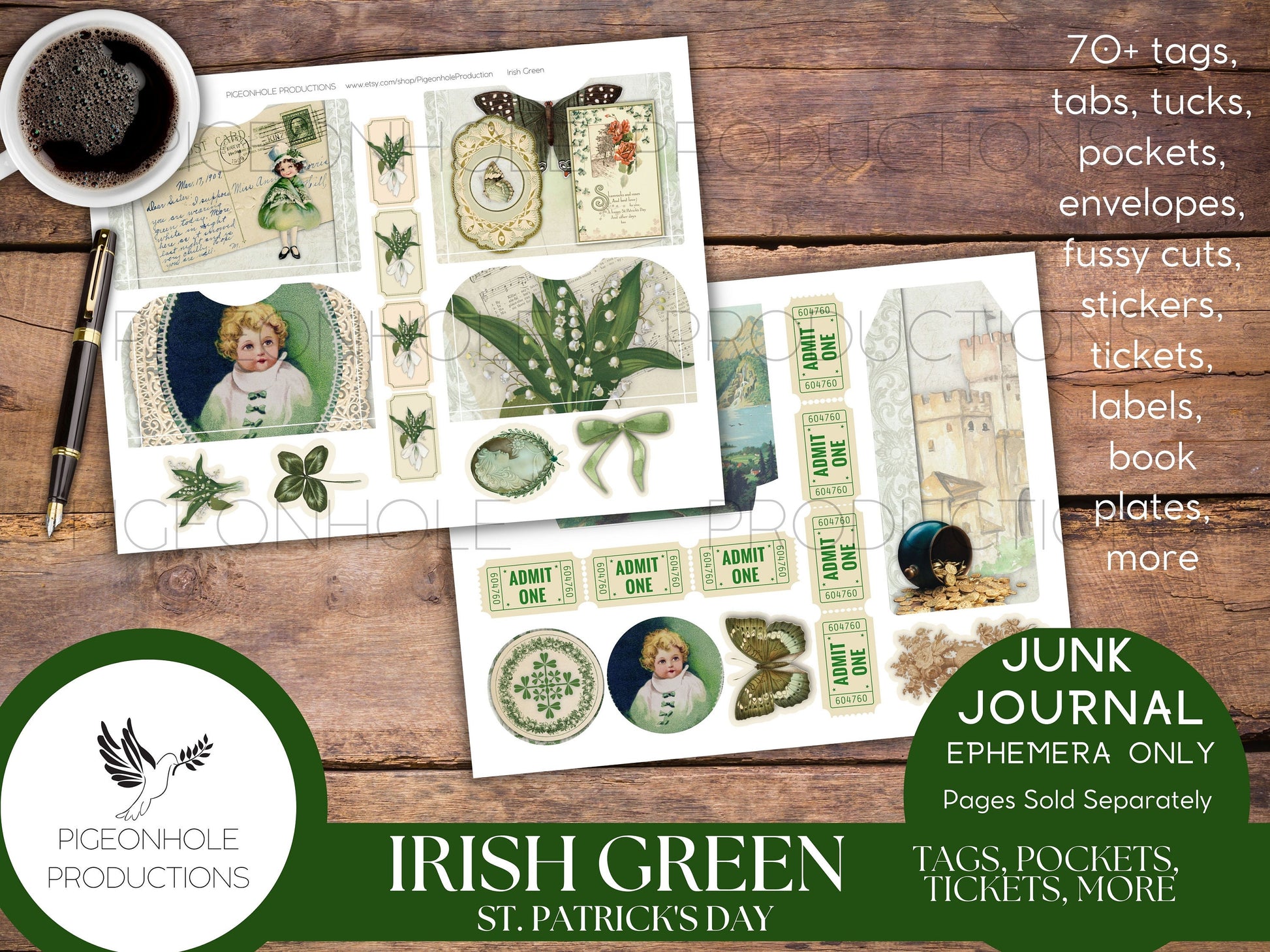 Irish Green St. Patrick's Day Junk Journal EPHEMERA—PRINTABLE—70+ tags, tucks, pockets, envelopes, fussy cuts, stickers, tickets, labels