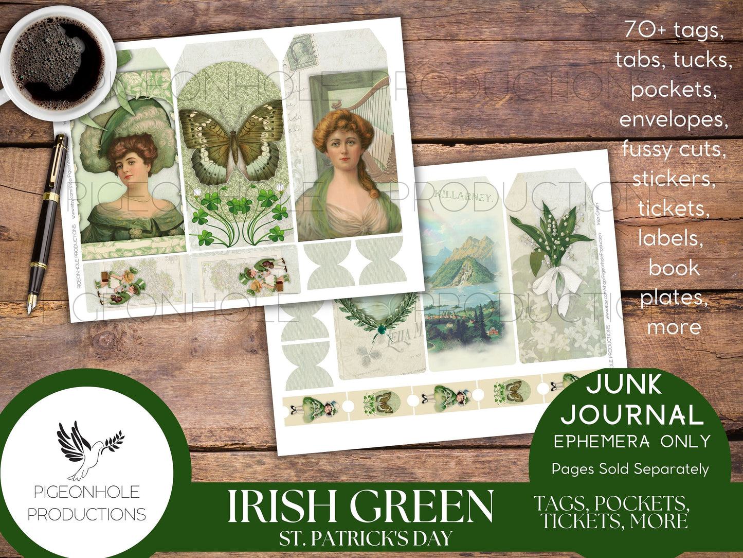 Irish Green St. Patrick's Day Junk Journal EPHEMERA—PRINTABLE—70+ tags, tucks, pockets, envelopes, fussy cuts, stickers, tickets, labels