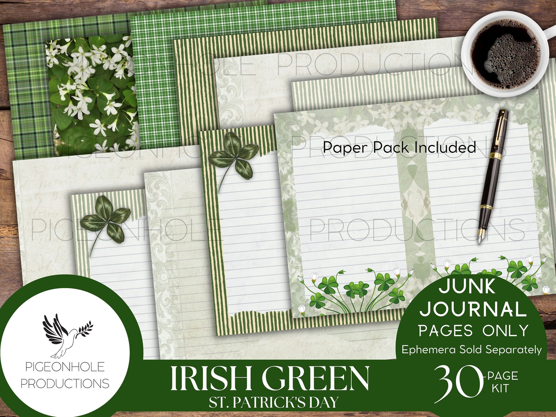 Irish Green St. Patrick's Day Junk Journal Pages—PRINTABLE—30 page kit makes 60 journal pages—lovely vintage Irish images—ephemera available