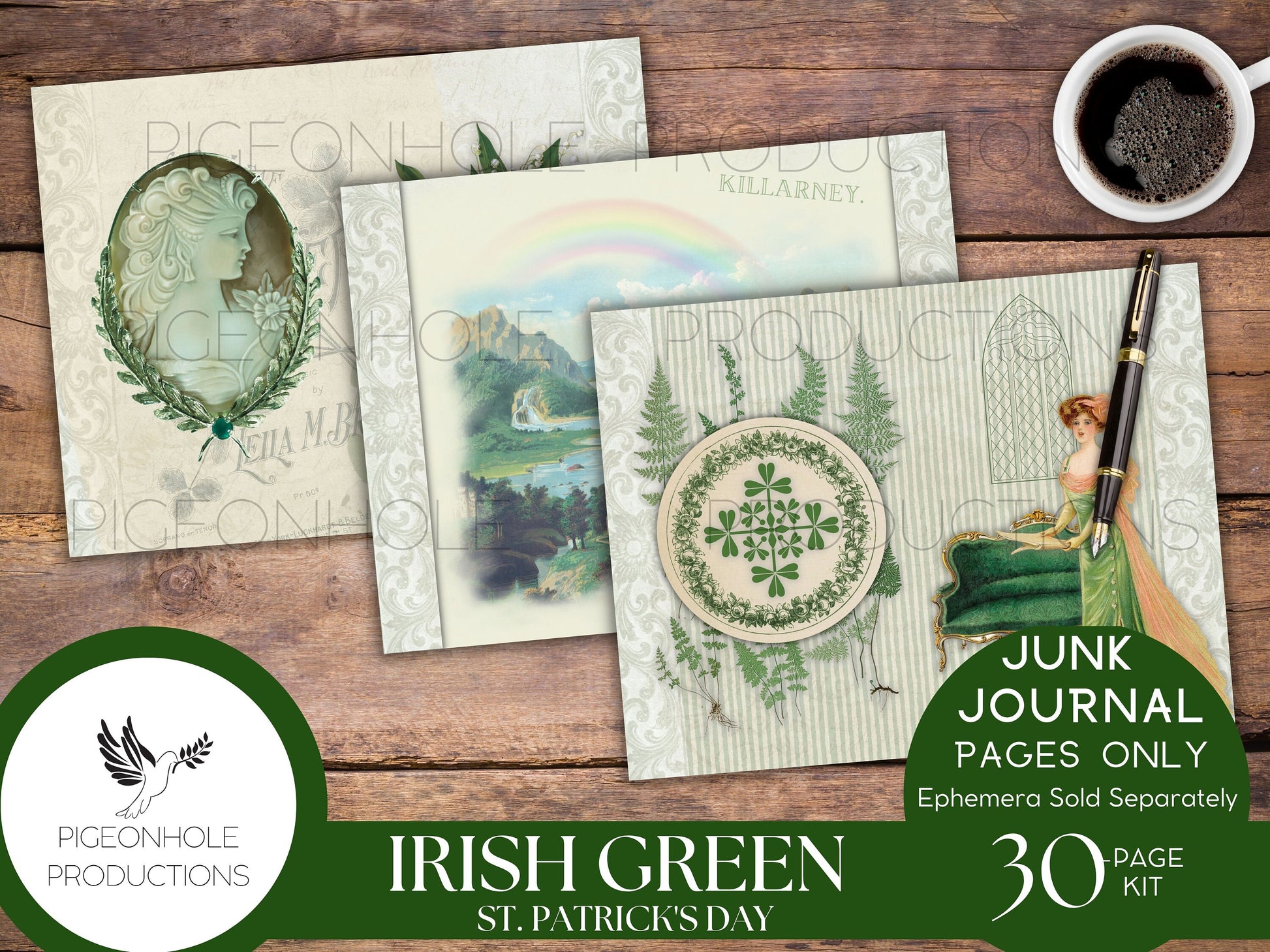 Irish Green St. Patrick's Day Junk Journal Pages—PRINTABLE—30 page kit makes 60 journal pages—lovely vintage Irish images—ephemera available