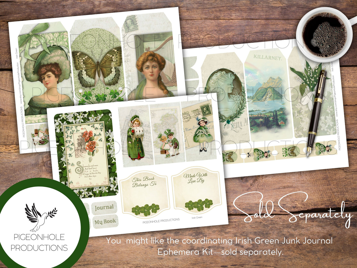 Irish Green St. Patrick's Day Junk Journal Pages—PRINTABLE—30 page kit makes 60 journal pages—lovely vintage Irish images—ephemera available