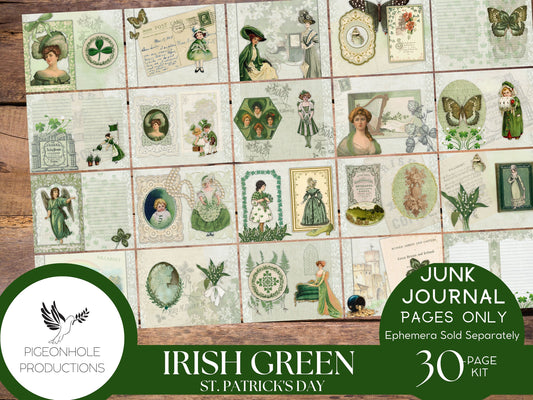 Irish Green St. Patrick's Day Junk Journal Pages—PRINTABLE—30 page kit makes 60 journal pages—lovely vintage Irish images—ephemera available