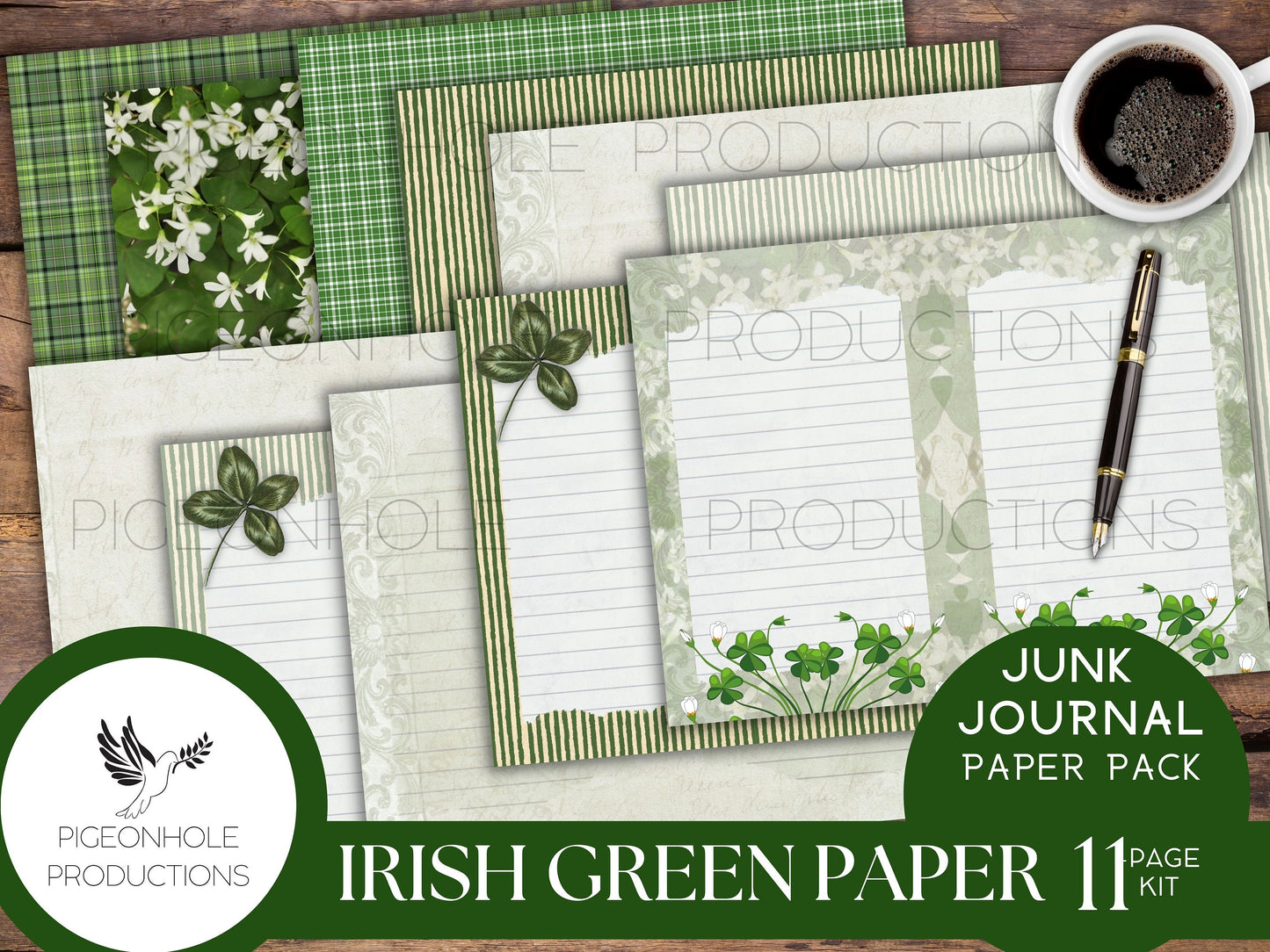 Irish Green Paper Pack—PRINTABLE—great for St. Patrick's Day junk journals and other paper crafts—coordinating pages and ephemera available