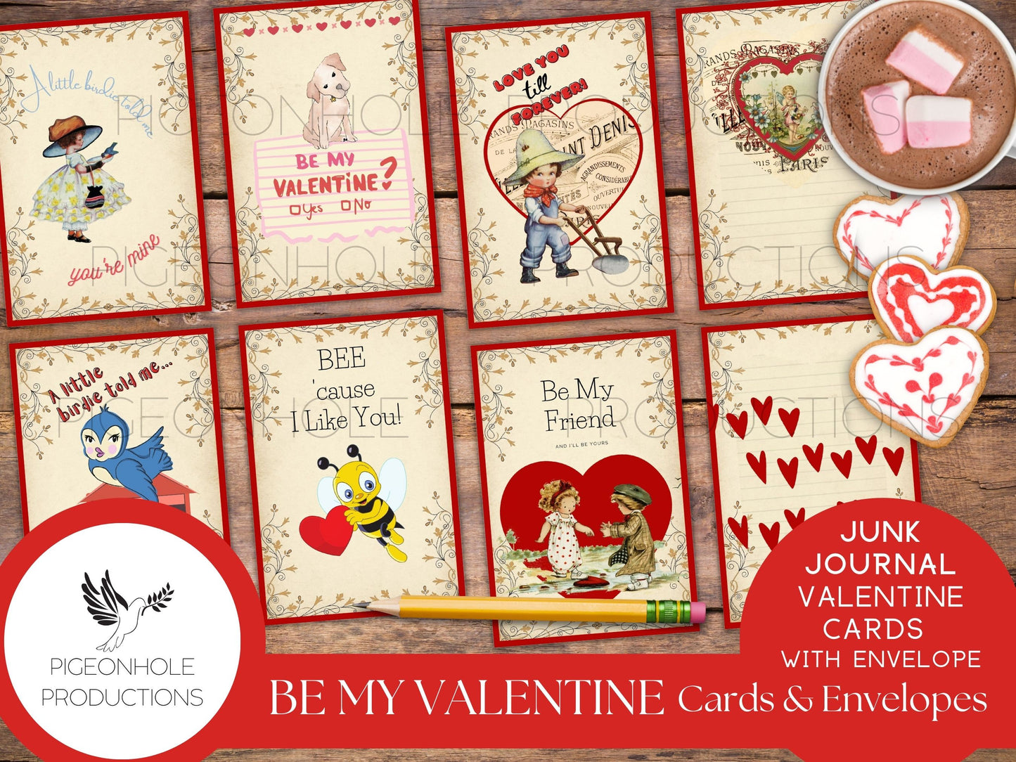 Be My Valentine Cards & Envelopes, PRINTABLE, 24 cards, 4 different envelopes (print as many as you need), vintage retro style, cute kids!