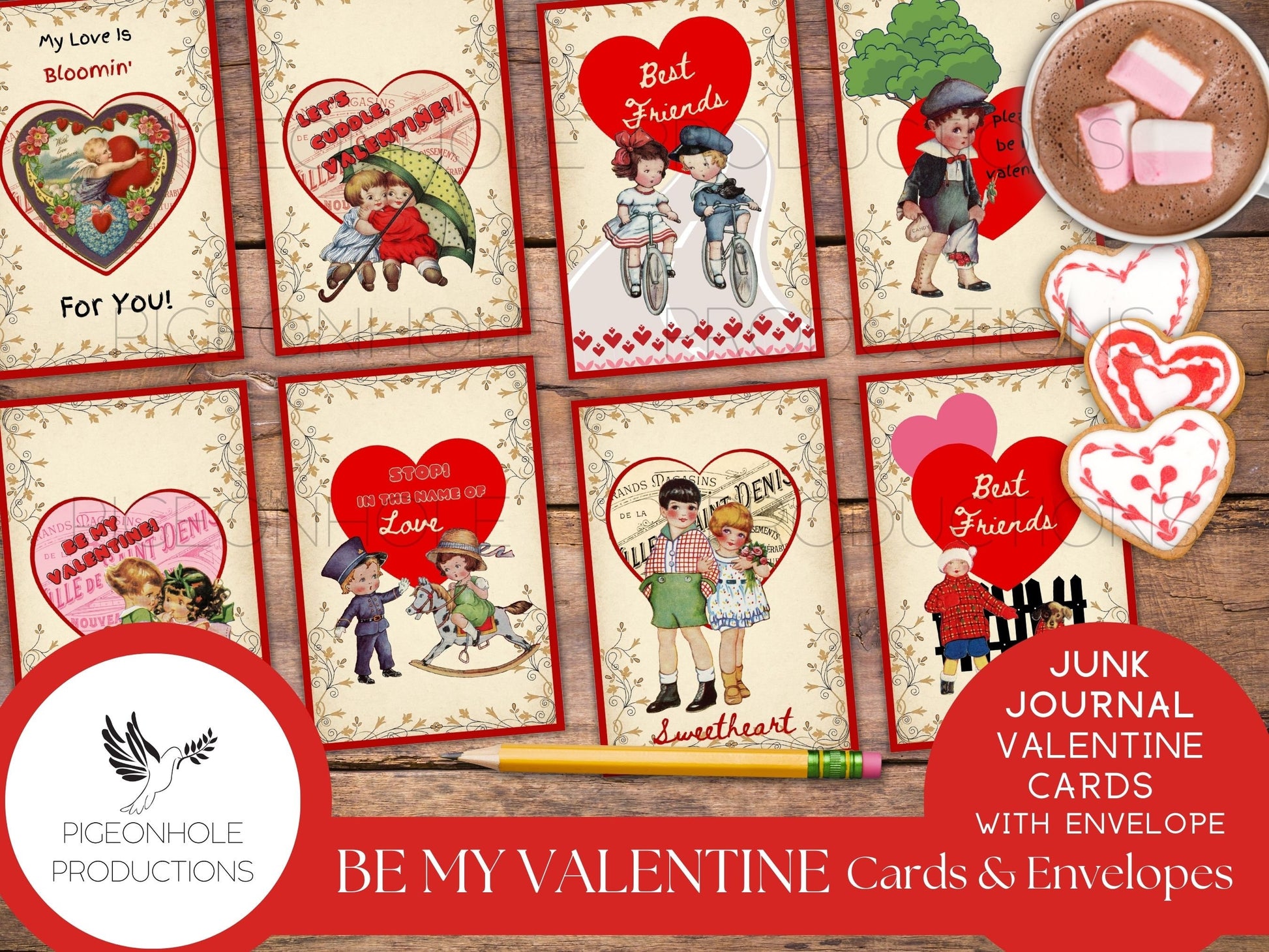 Be My Valentine Cards & Envelopes, PRINTABLE, 24 cards, 4 different envelopes (print as many as you need), vintage retro style, cute kids!