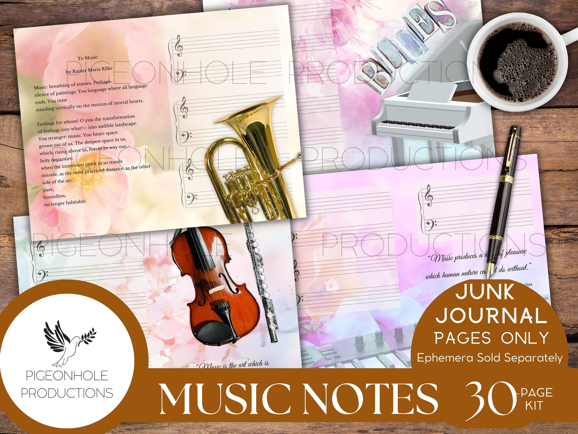 Music Notes Junk Journal Pages Kit, PRINTABLE, 30 sheets journal pages, music instrument themed, flowers, classic poetry & uplifting quotes