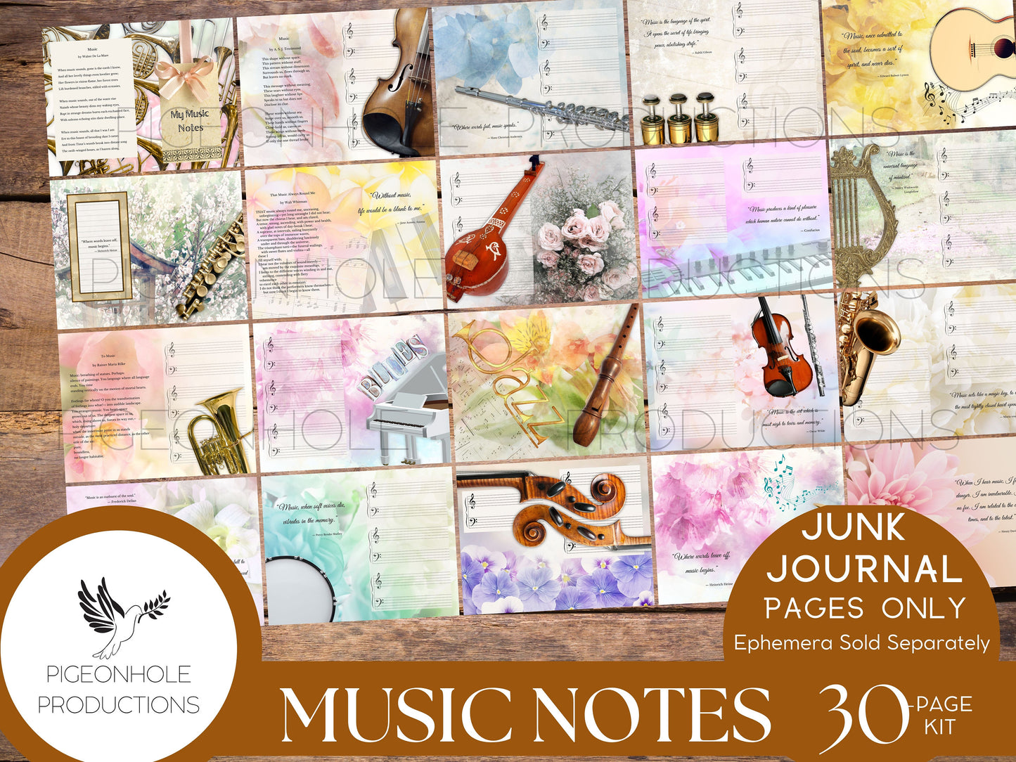 Music Notes Junk Journal Pages Kit, PRINTABLE, 30 sheets journal pages, music instrument themed, flowers, classic poetry & uplifting quotes
