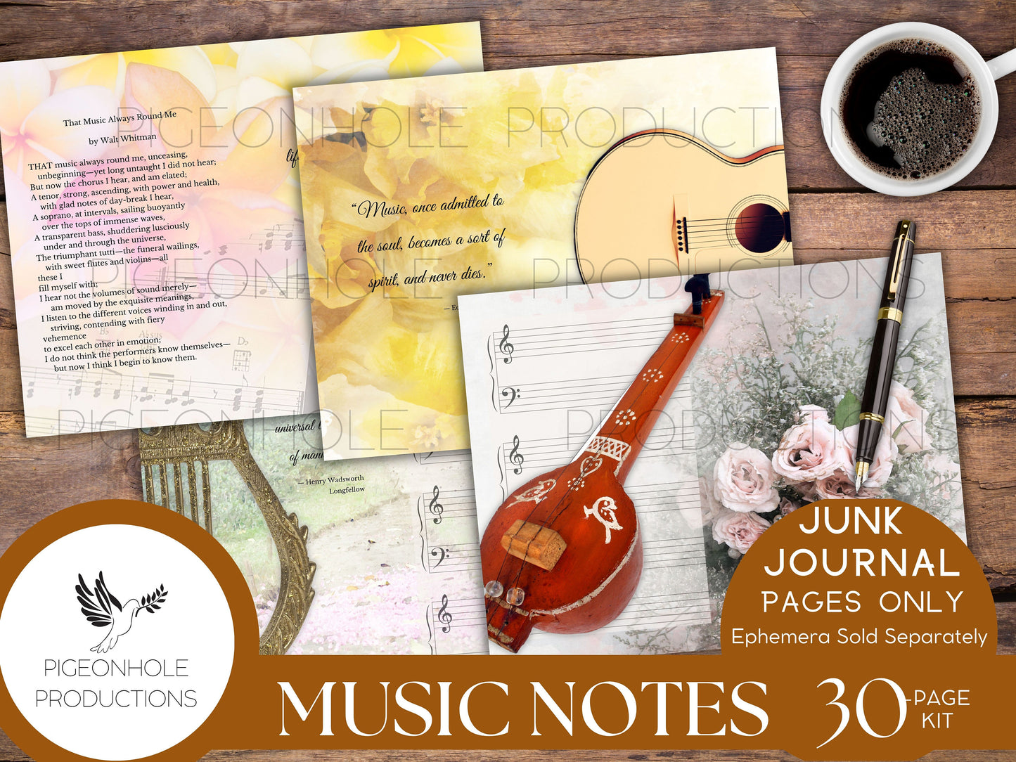 Music Notes Junk Journal Pages Kit, PRINTABLE, 30 sheets journal pages, music instrument themed, flowers, classic poetry & uplifting quotes