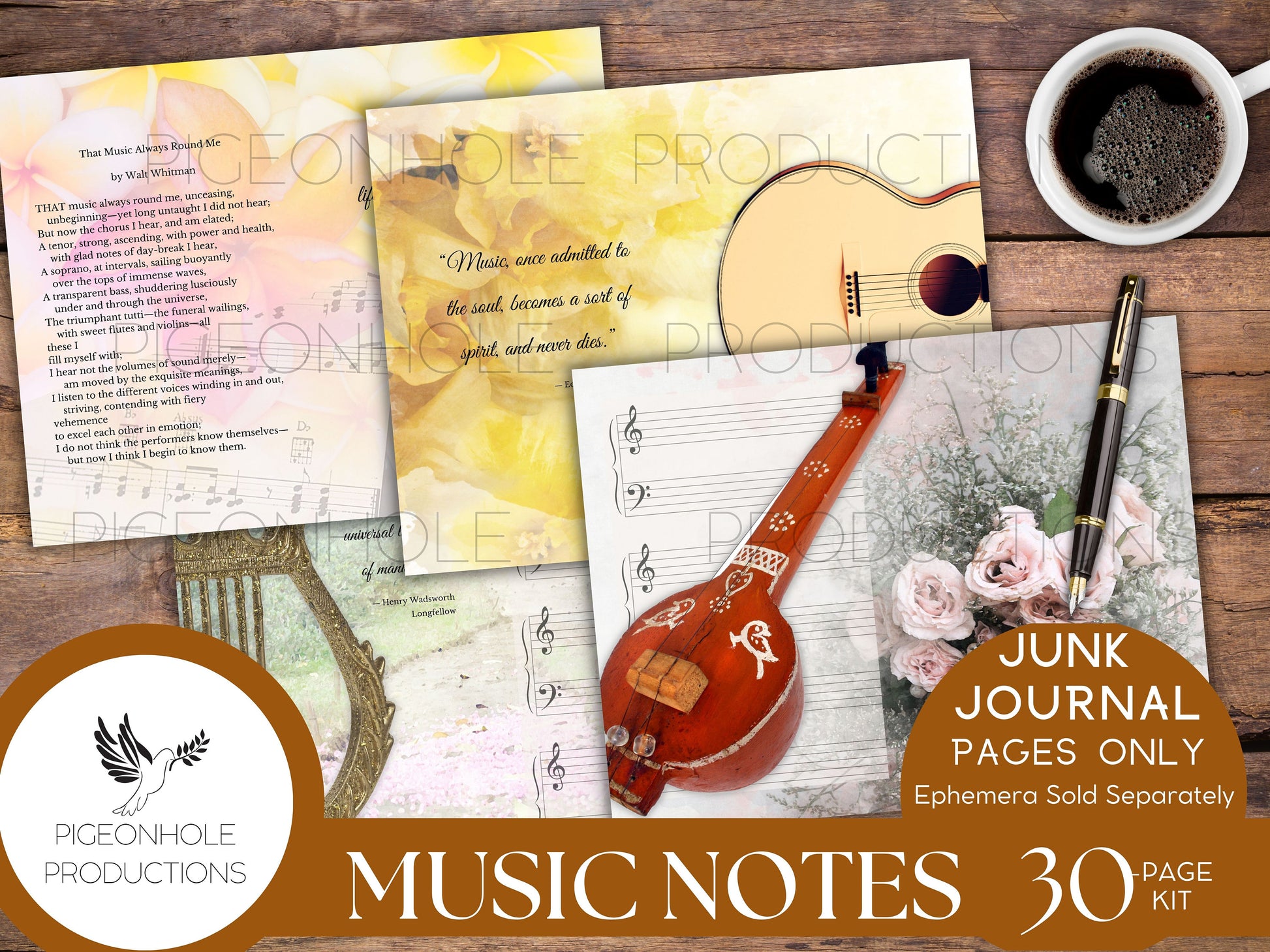 Music Notes Junk Journal Pages Kit, PRINTABLE, 30 sheets journal pages, music instrument themed, flowers, classic poetry & uplifting quotes