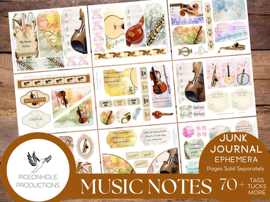 Music Notes Junk Journal Ephemera, PRINTABLE, 70+ music themed tags, tucks, pockets, envelopes, stickers, fussy cuts, bookplates, more