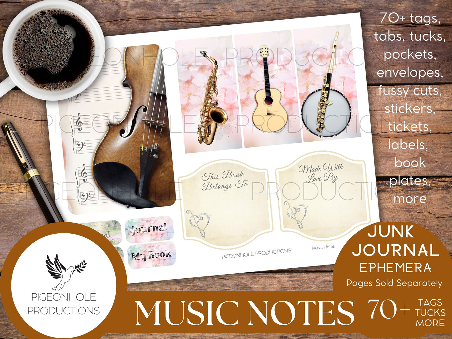 Music Notes Junk Journal Ephemera, PRINTABLE, 70+ music themed tags, tucks, pockets, envelopes, stickers, fussy cuts, bookplates, more