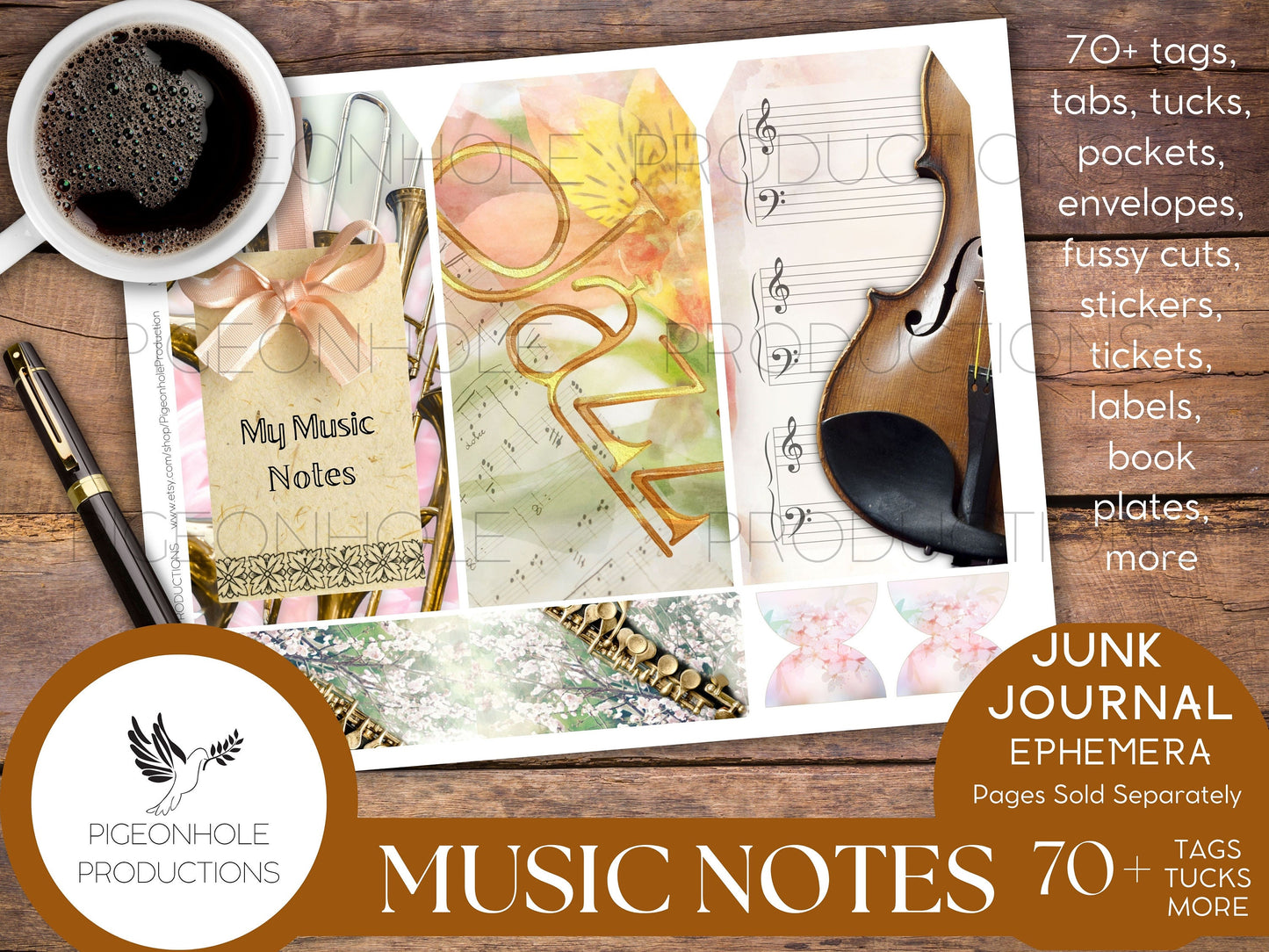 Music Notes Junk Journal Ephemera, PRINTABLE, 70+ music themed tags, tucks, pockets, envelopes, stickers, fussy cuts, bookplates, more