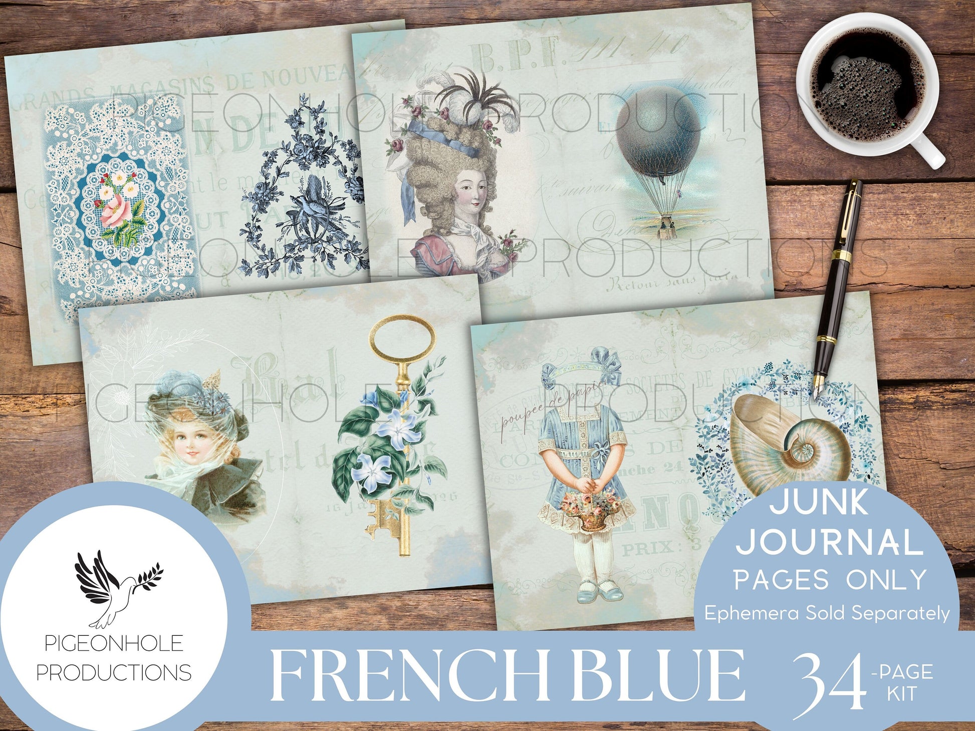 French Blue Junk Journal Pages Kit, PRINTABLE, 34 sheets background, lined, unlined, collage sheets, pretty blue florals, French ephemera