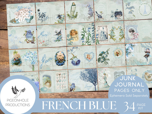 French Blue Junk Journal Pages Kit, PRINTABLE, 34 sheets background, lined, unlined, collage sheets, pretty blue florals, French ephemera