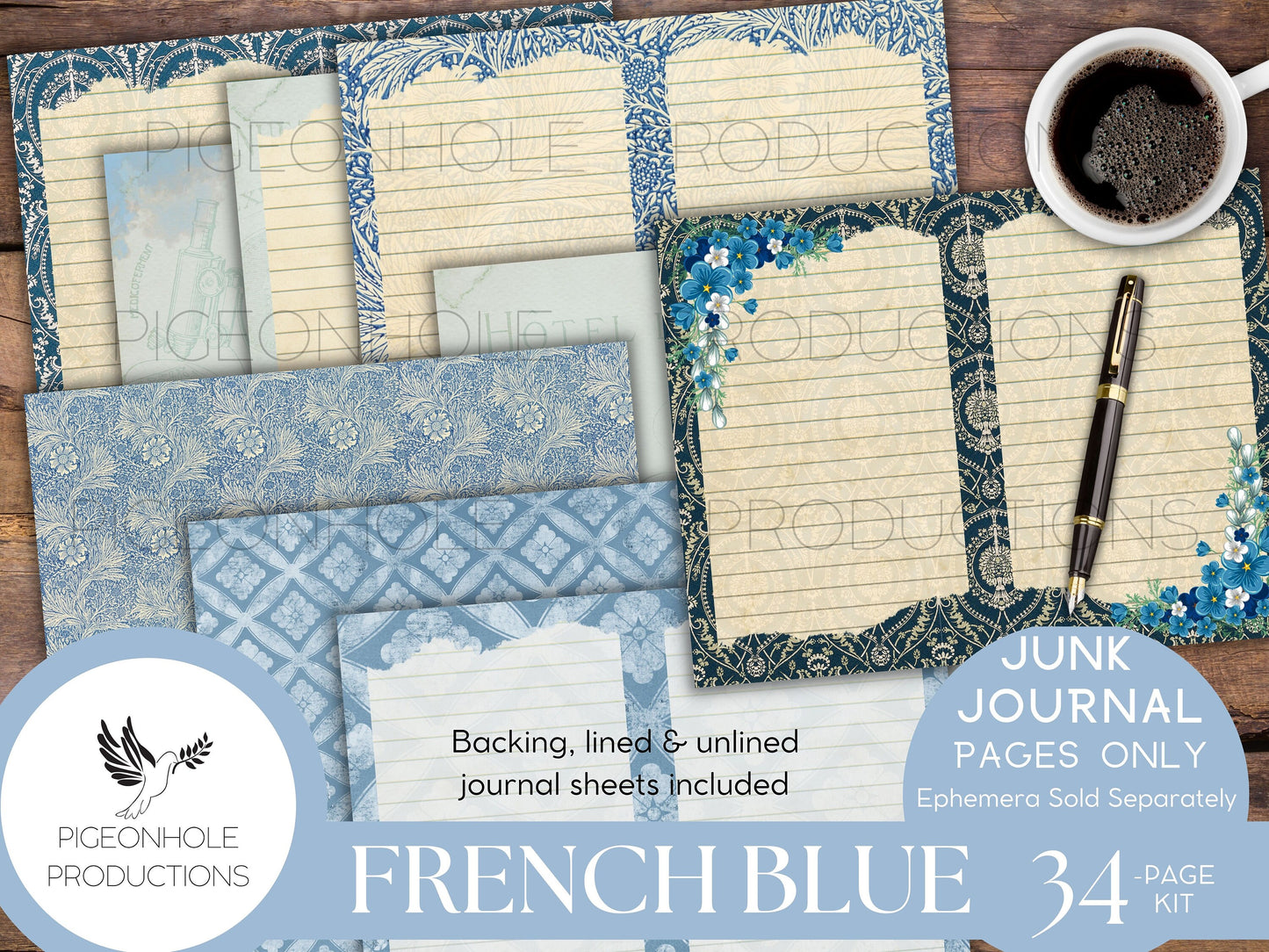 French Blue Junk Journal Pages Kit, PRINTABLE, 34 sheets background, lined, unlined, collage sheets, pretty blue florals, French ephemera