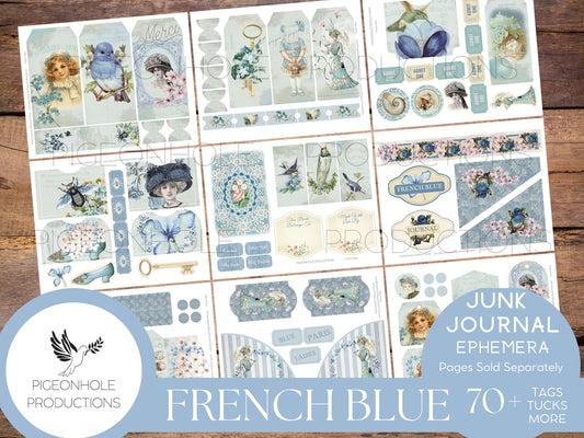 French Blue Junk Journal Ephemera, PRINTABLE, 70+ tags, tucks, pockets, envelopes, fussy cuts, bookplates, stickers, lovely blue ephemera