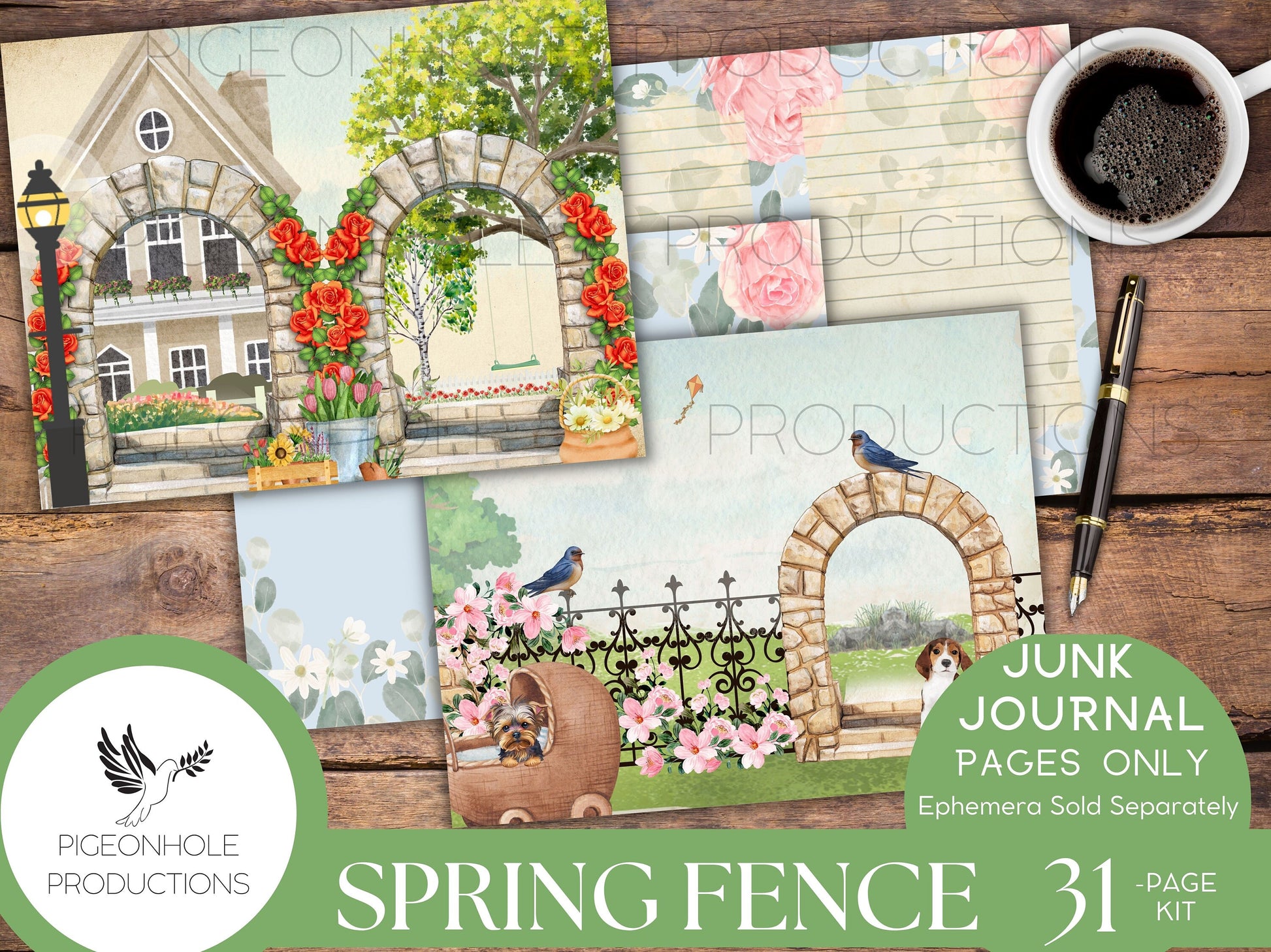 Spring Fence Junk Journal Pages—PRINTABLE—31 decorative/background/backing/lined journal sheets—a springtime stroll through the neighborhood