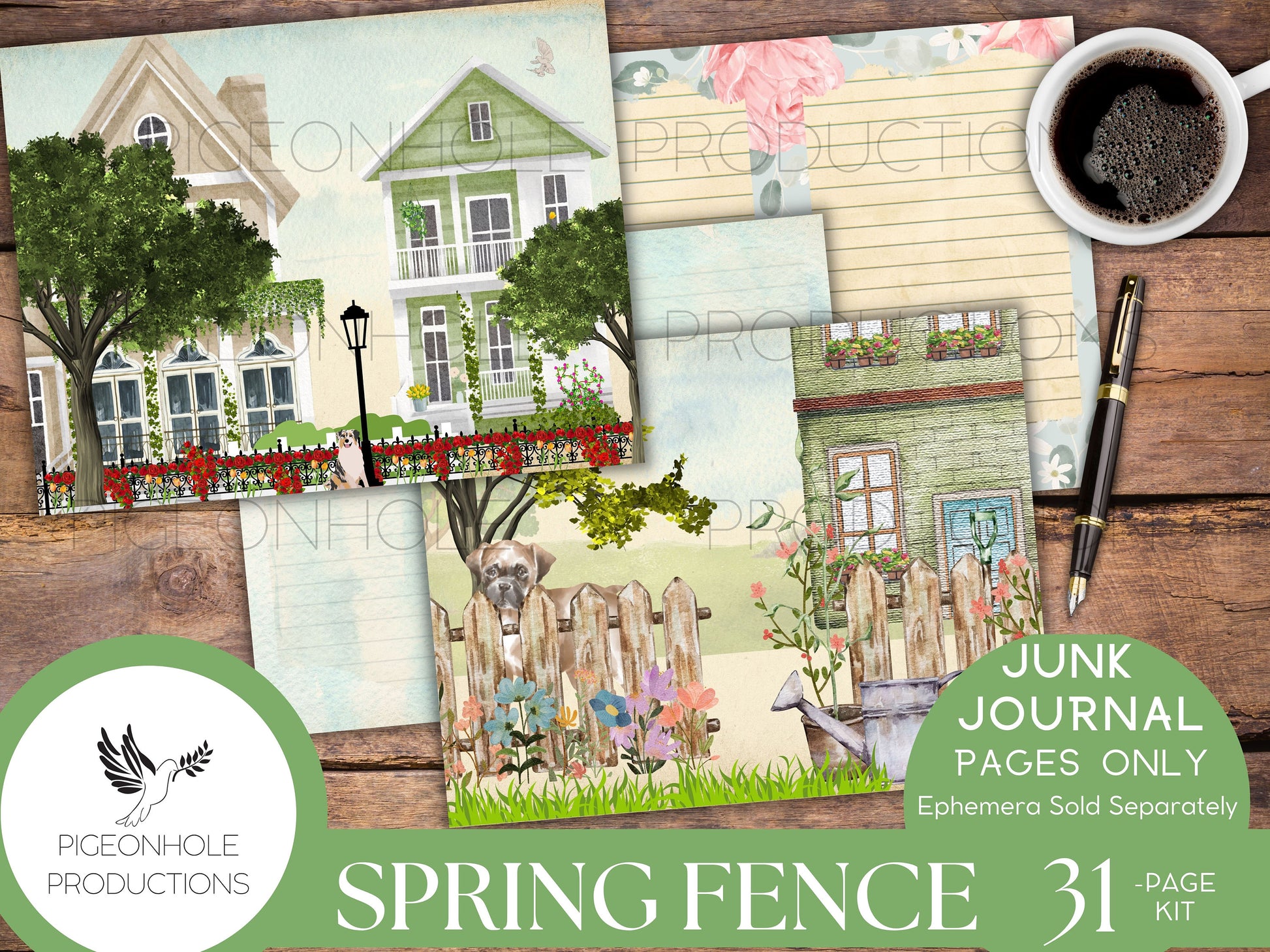 Spring Fence Junk Journal Pages—PRINTABLE—31 decorative/background/backing/lined journal sheets—a springtime stroll through the neighborhood