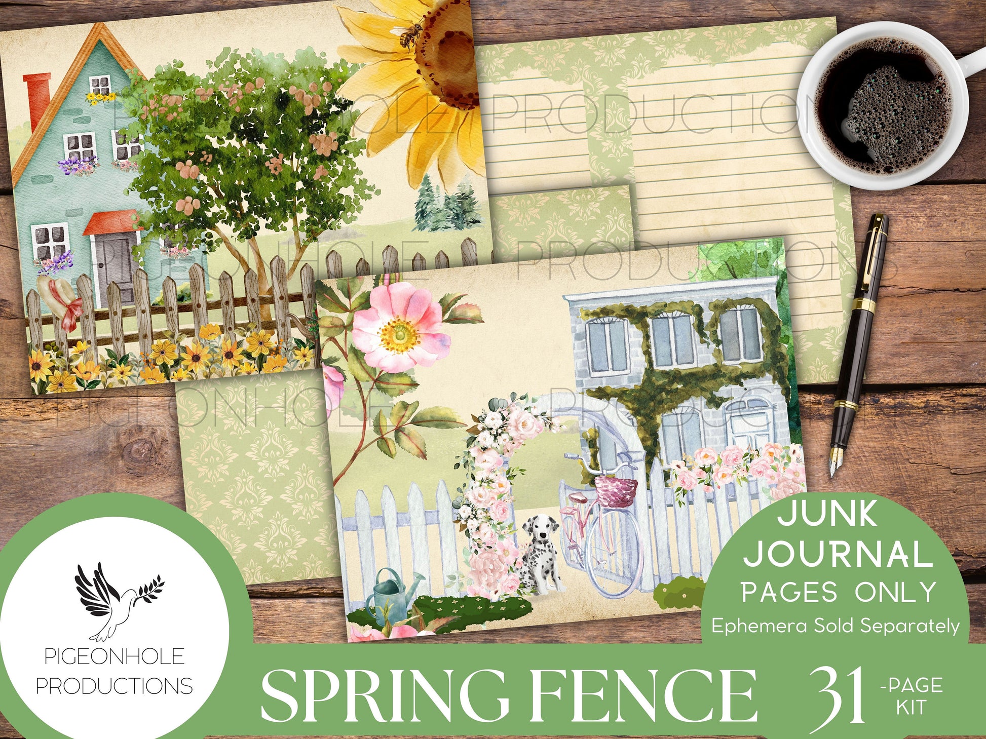 Spring Fence Junk Journal Pages—PRINTABLE—31 decorative/background/backing/lined journal sheets—a springtime stroll through the neighborhood