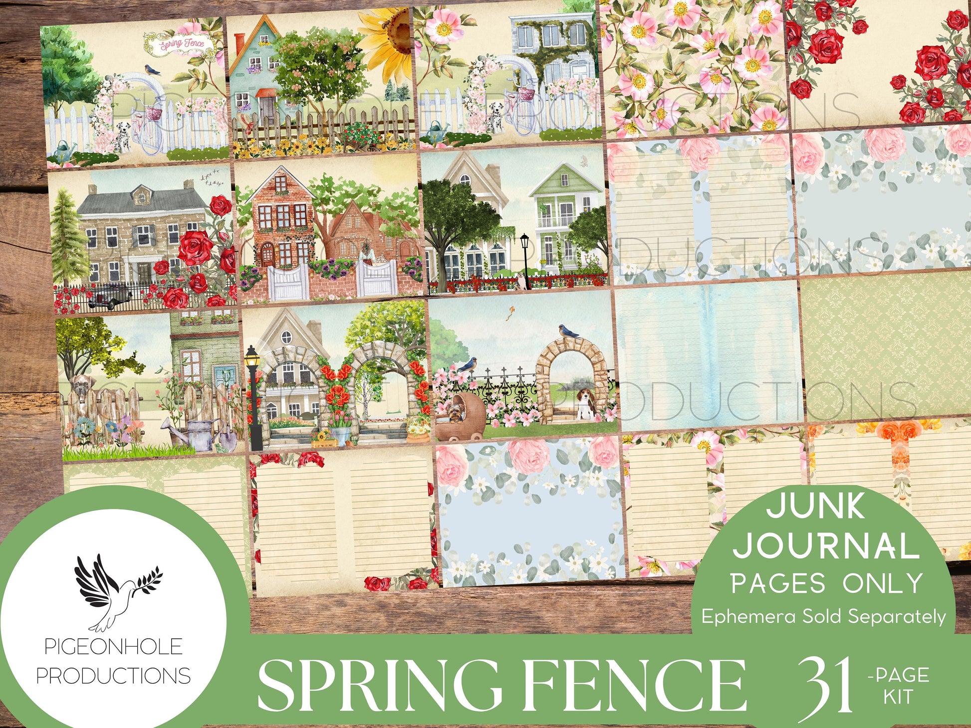 Spring Fence Junk Journal Pages—PRINTABLE—31 decorative/background/backing/lined journal sheets—a springtime stroll through the neighborhood