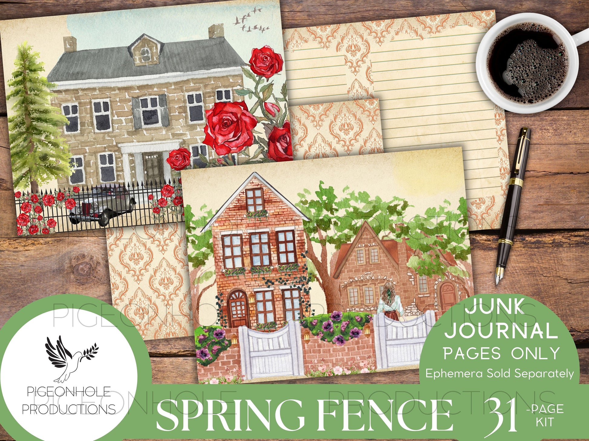 Spring Fence Junk Journal Pages—PRINTABLE—31 decorative/background/backing/lined journal sheets—a springtime stroll through the neighborhood