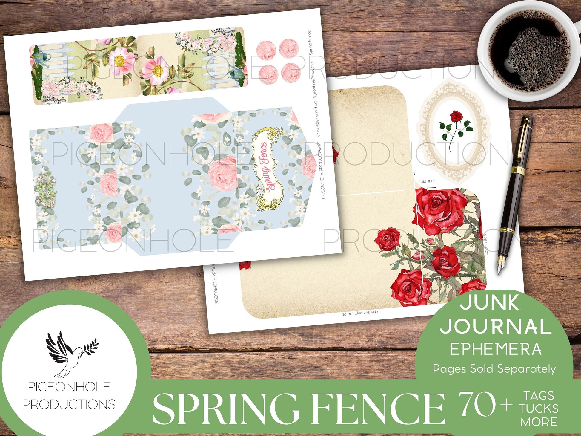 Spring Fence Junk Journal EPHEMERA—PRINTABLE—70+ tags, tucks, pockets, envelopes, fussy cuts, stickers, tickets, labels, bookplates—cute!