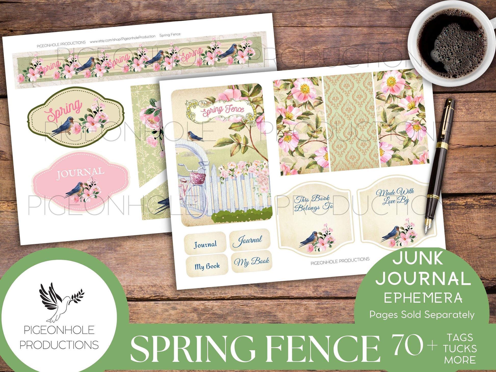 Spring Fence Junk Journal EPHEMERA—PRINTABLE—70+ tags, tucks, pockets, envelopes, fussy cuts, stickers, tickets, labels, bookplates—cute!