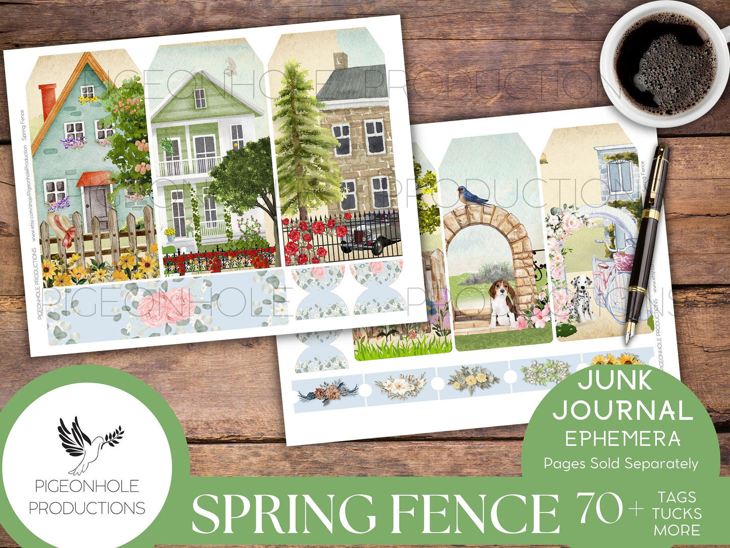 Spring Fence Junk Journal EPHEMERA—PRINTABLE—70+ tags, tucks, pockets, envelopes, fussy cuts, stickers, tickets, labels, bookplates—cute!