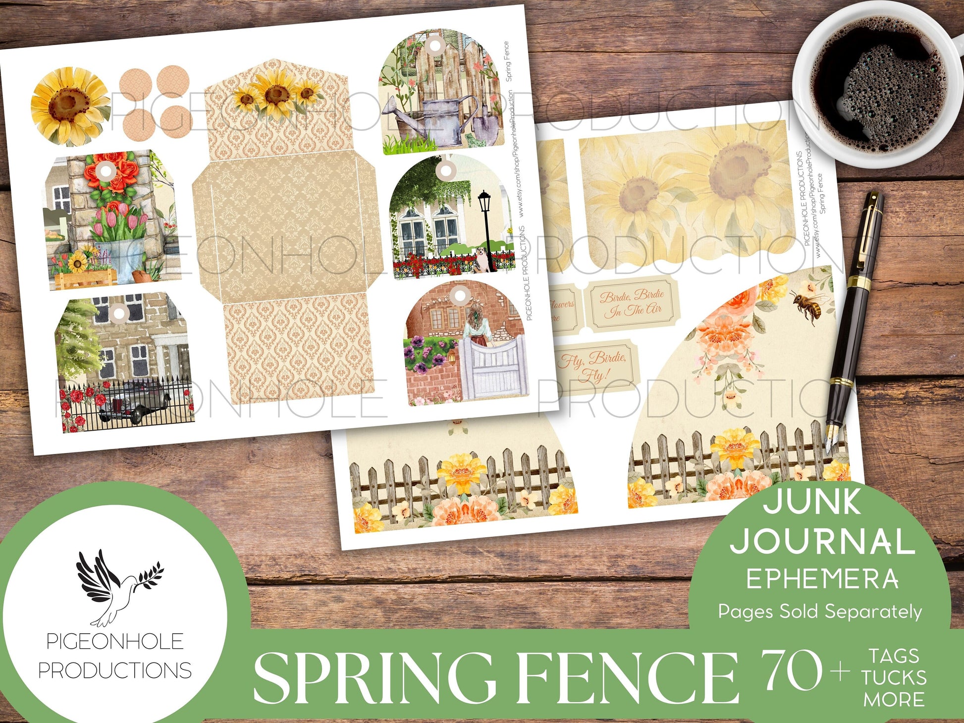 Spring Fence Junk Journal EPHEMERA—PRINTABLE—70+ tags, tucks, pockets, envelopes, fussy cuts, stickers, tickets, labels, bookplates—cute!