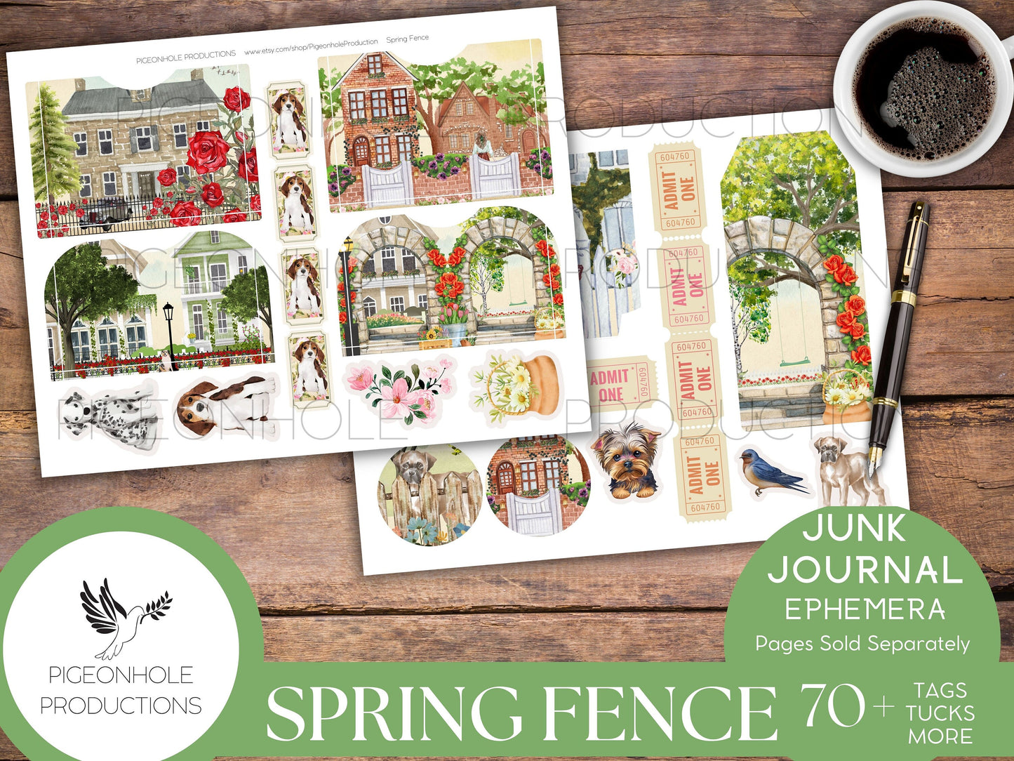 Spring Fence Junk Journal EPHEMERA—PRINTABLE—70+ tags, tucks, pockets, envelopes, fussy cuts, stickers, tickets, labels, bookplates—cute!