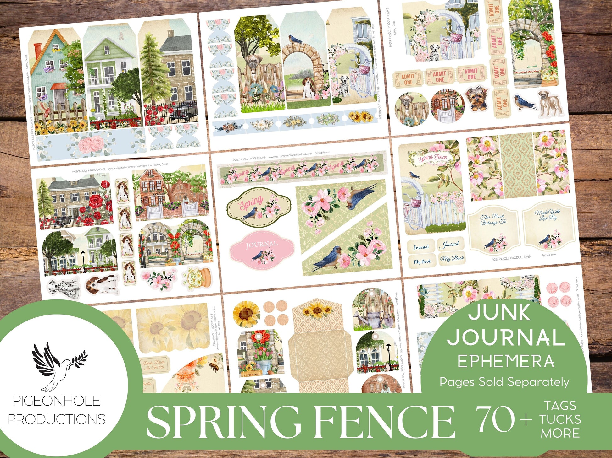 Spring Fence Junk Journal EPHEMERA—PRINTABLE—70+ tags, tucks, pockets, envelopes, fussy cuts, stickers, tickets, labels, bookplates—cute!