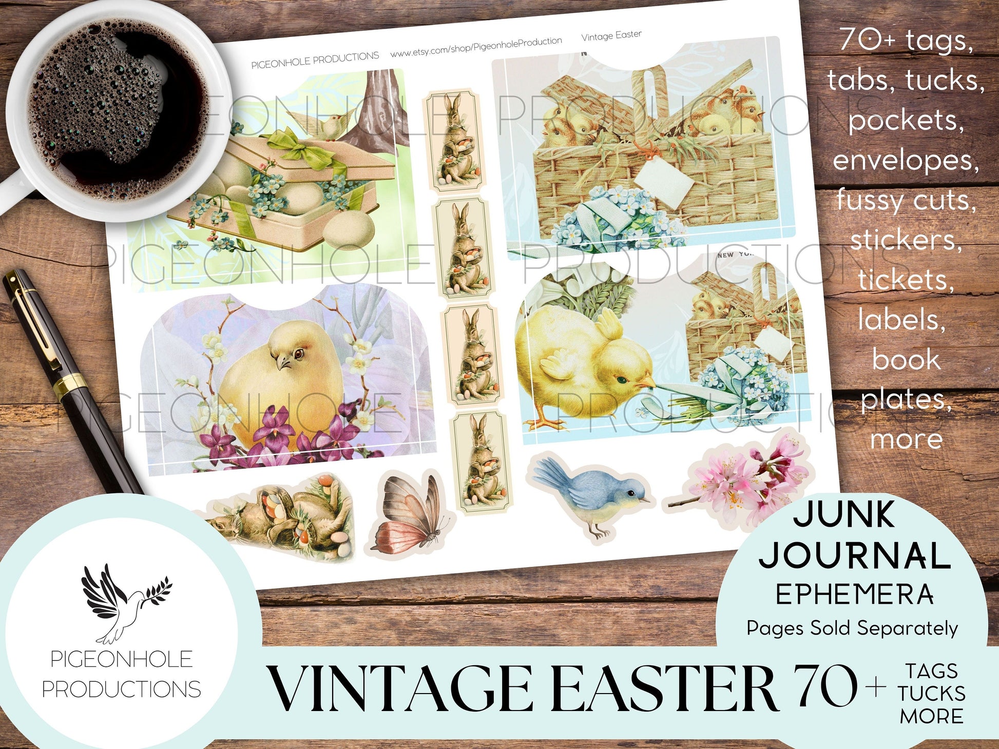 Vintage Easter Junk Journal PRINTABLE—70+ tags, tucks, pockets, envelopes, fussy cuts, stickers, tickets, labels, bookplates—beautiful!!