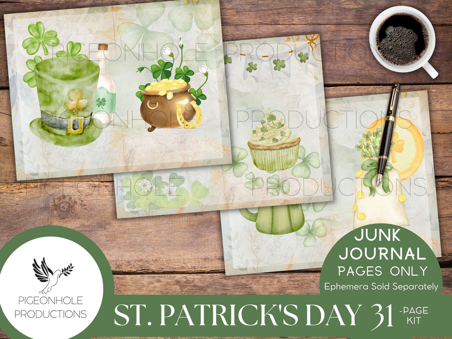 St. Patrick's Day Junk Journal Pages—PRINTABLE—31 page kit makes 62 journal pages—cute, whimsical, cheery Irish images—ephemera available