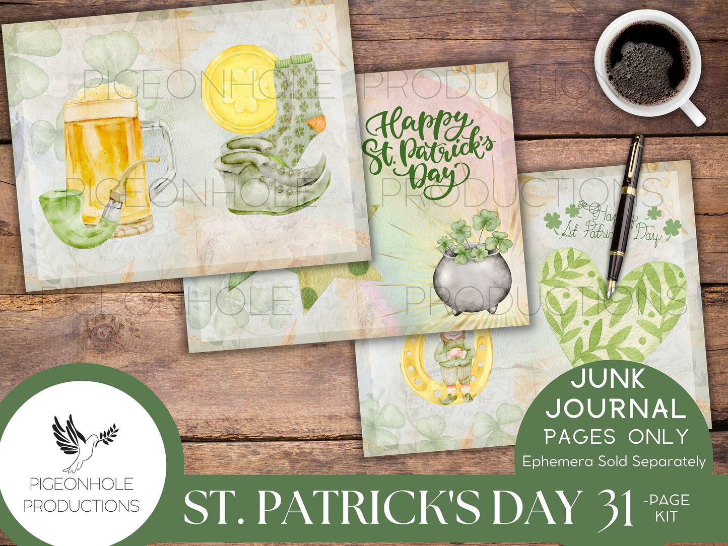 St. Patrick's Day Junk Journal Pages—PRINTABLE—31 page kit makes 62 journal pages—cute, whimsical, cheery Irish images—ephemera available