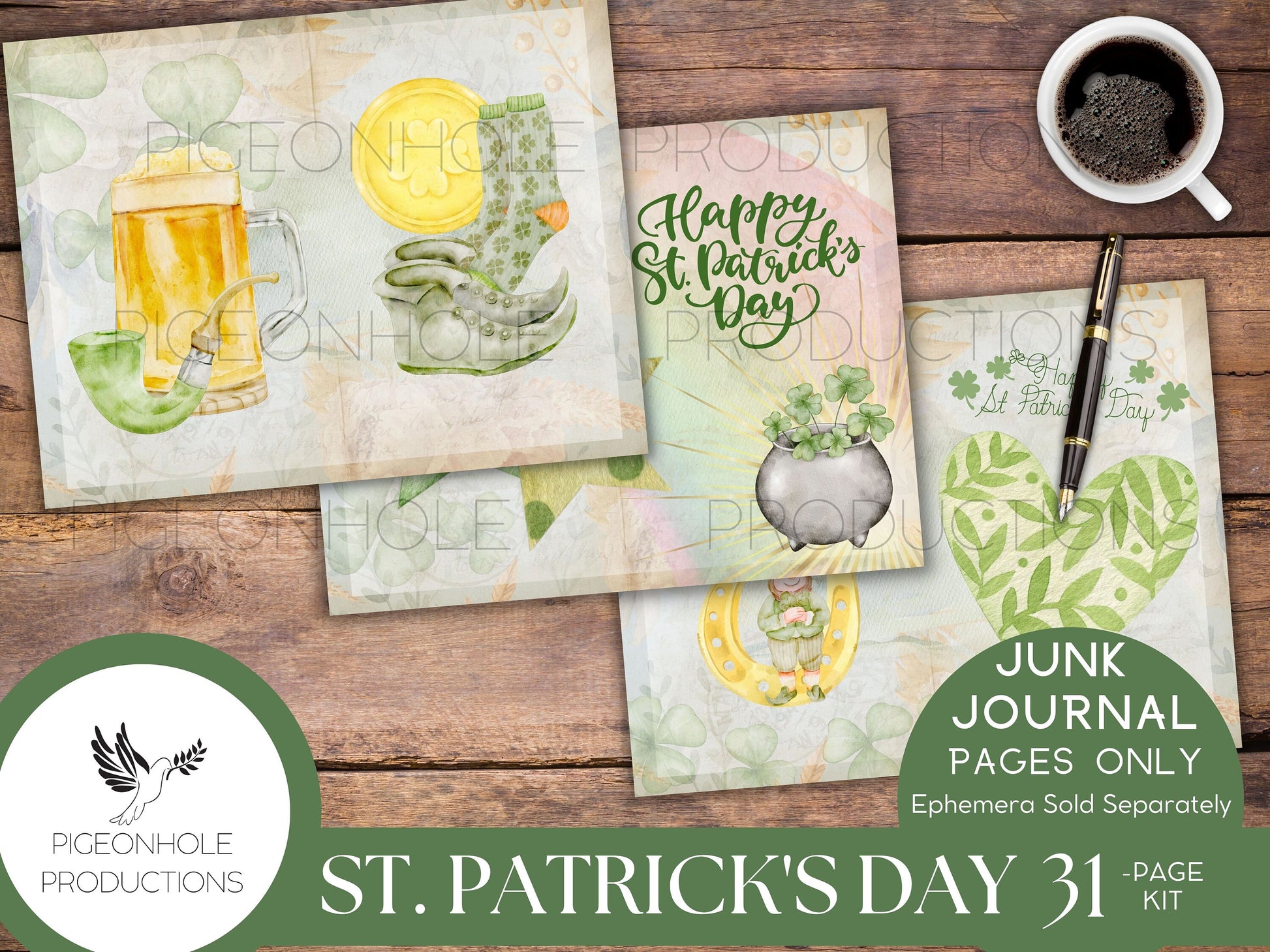 St. Patrick's Day Junk Journal Pages—PRINTABLE—31 page kit makes 62 journal pages—cute, whimsical, cheery Irish images—ephemera available