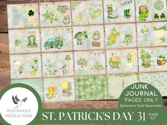St. Patrick's Day Junk Journal Pages—PRINTABLE—31 page kit makes 62 journal pages—cute, whimsical, cheery Irish images—ephemera available
