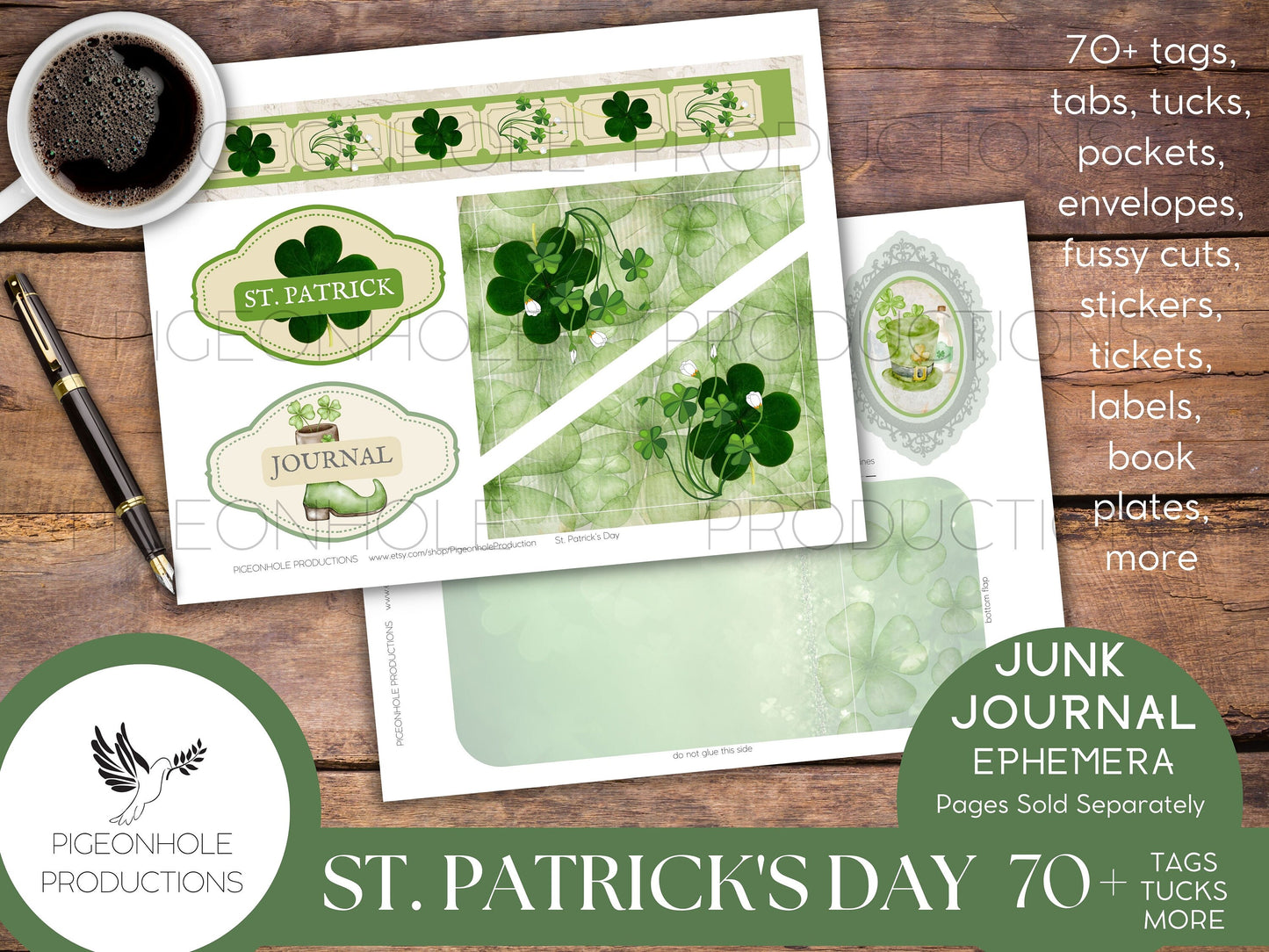 St. Patrick's Day Junk Journal EPHEMERA—PRINTABLE—70+ cute tags, tucks, pockets, envelopes, fussy cuts, stickers, tickets, labels