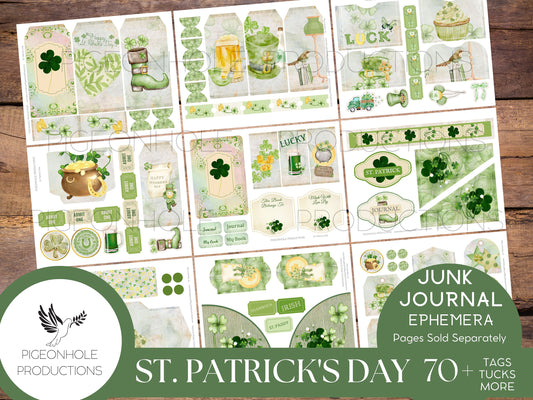 St. Patrick's Day Junk Journal EPHEMERA—PRINTABLE—70+ cute tags, tucks, pockets, envelopes, fussy cuts, stickers, tickets, labels