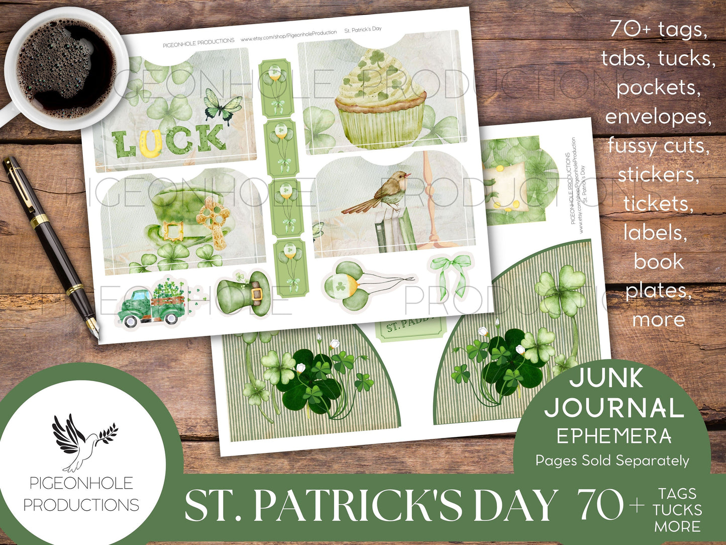 St. Patrick's Day Junk Journal EPHEMERA—PRINTABLE—70+ cute tags, tucks, pockets, envelopes, fussy cuts, stickers, tickets, labels