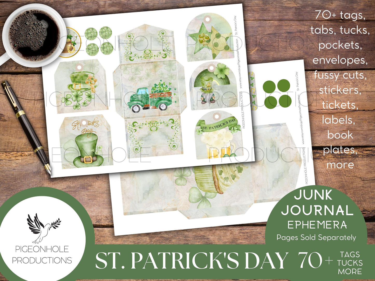 St. Patrick's Day Junk Journal EPHEMERA—PRINTABLE—70+ cute tags, tucks, pockets, envelopes, fussy cuts, stickers, tickets, labels