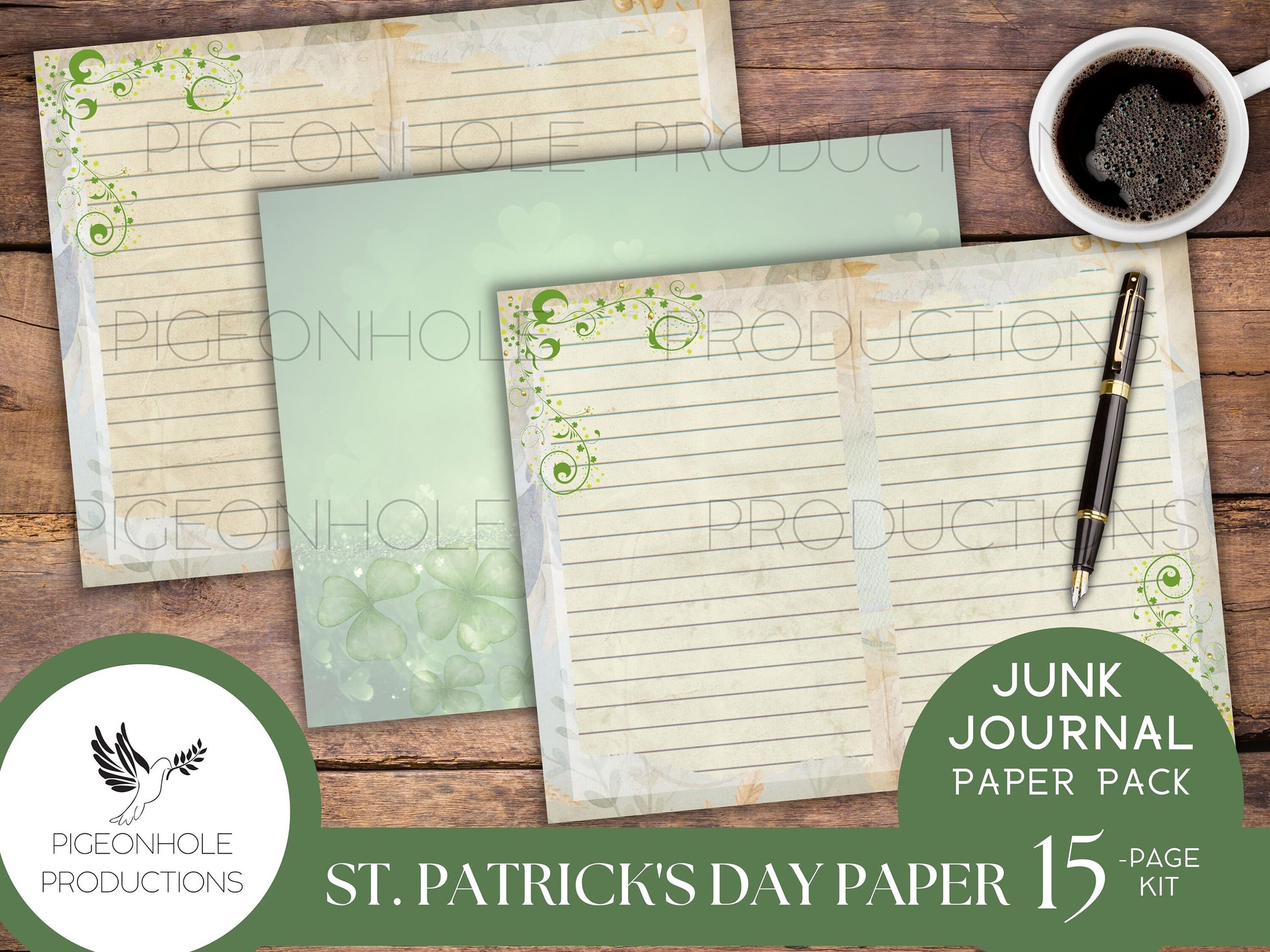 St. Patrick's Day Paper Pack—PRINTABLE—lined and unlined, for junk journals and other paper crafts—coordinating pages and ephemera available
