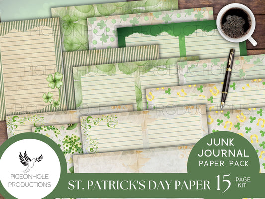St. Patrick's Day Paper Pack—PRINTABLE—lined and unlined, for junk journals and other paper crafts—coordinating pages and ephemera available