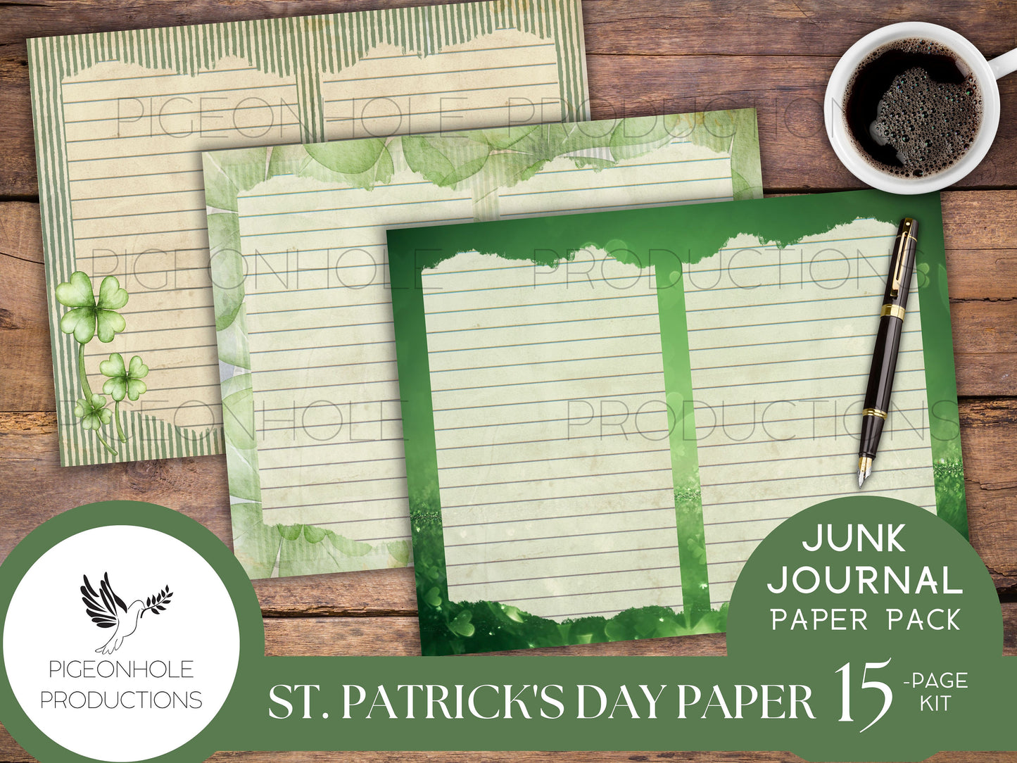 St. Patrick's Day Paper Pack—PRINTABLE—lined and unlined, for junk journals and other paper crafts—coordinating pages and ephemera available