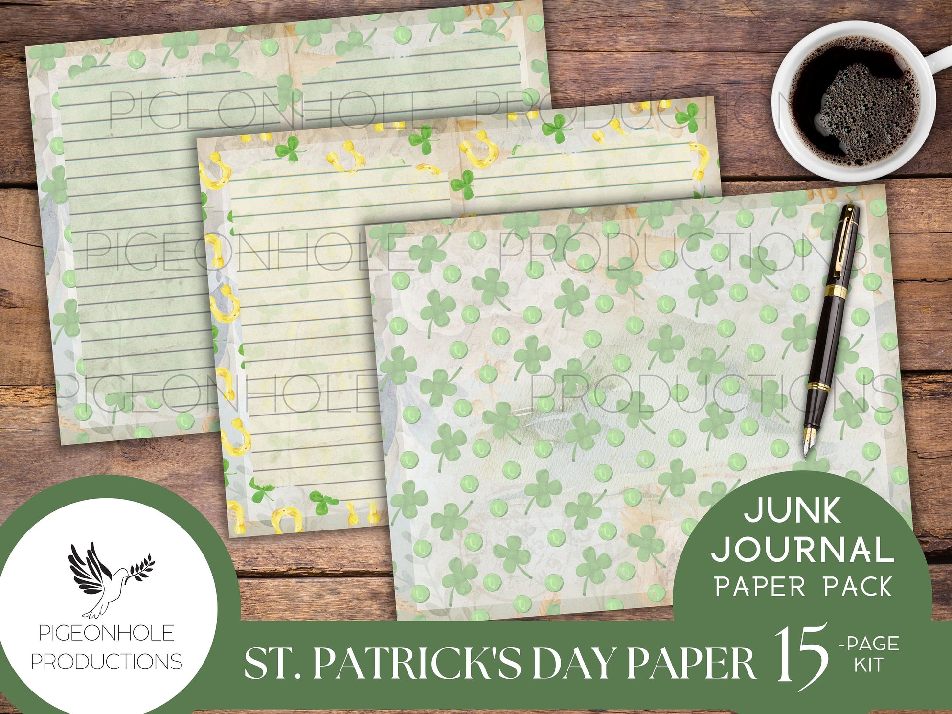 St. Patrick's Day Paper Pack—PRINTABLE—lined and unlined, for junk journals and other paper crafts—coordinating pages and ephemera available